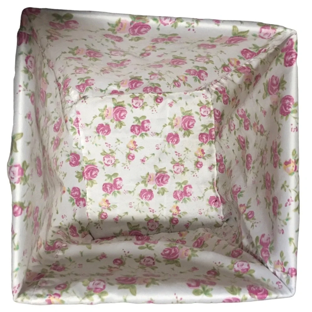 White Wire Basket with Floral Shabby Chic  Cottagecore Removable Fabric Liner